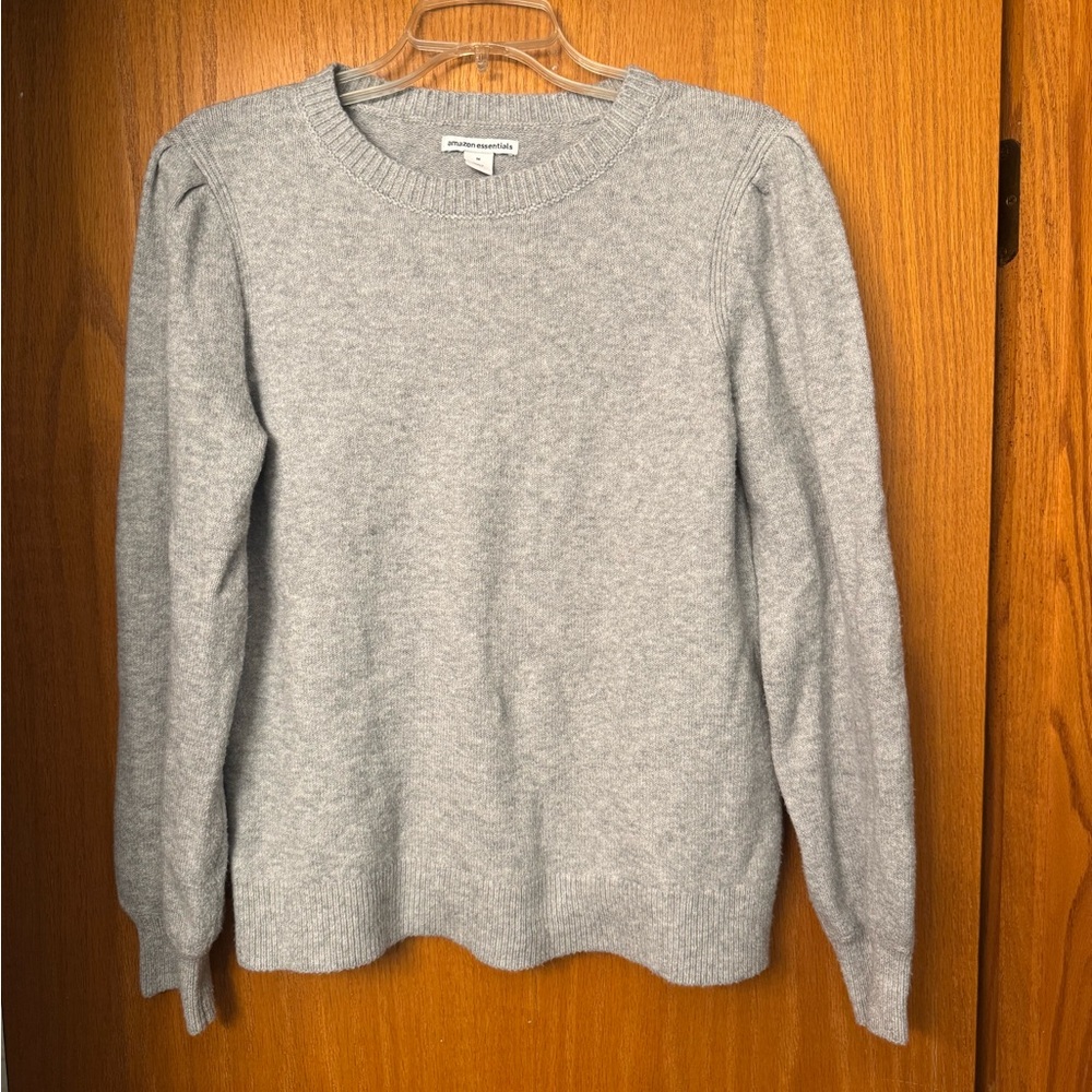 Amazon Essentials Light Gray Crewneck Puff-Sleeve Sweater